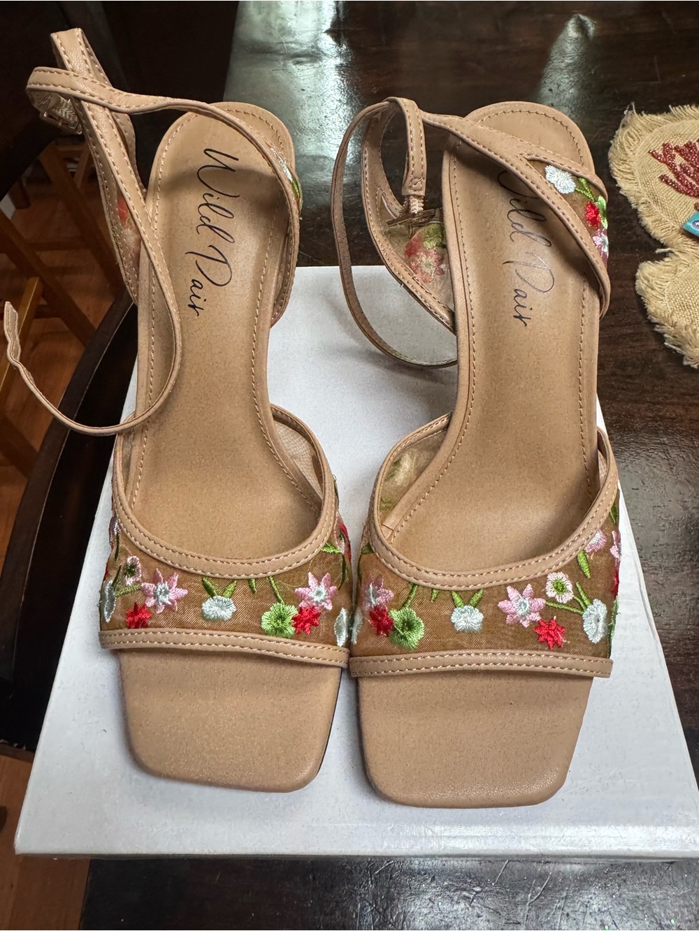 Wild Pair Beige Floral Embroidered Ankle-Strap Heels